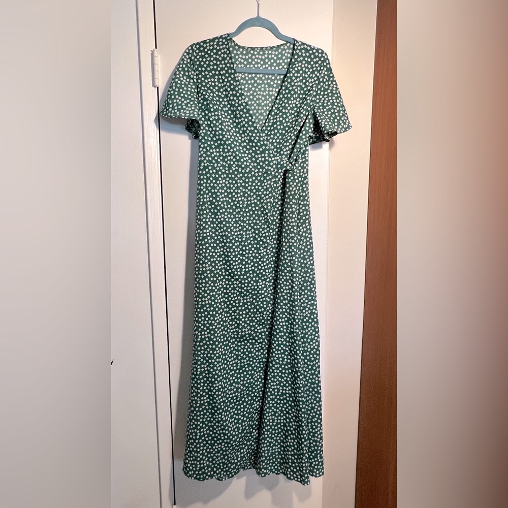 Green & White Floral Wrap Dress